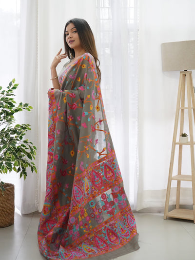 Grey-Colored Floral Print Pashmina Cotton Saree
