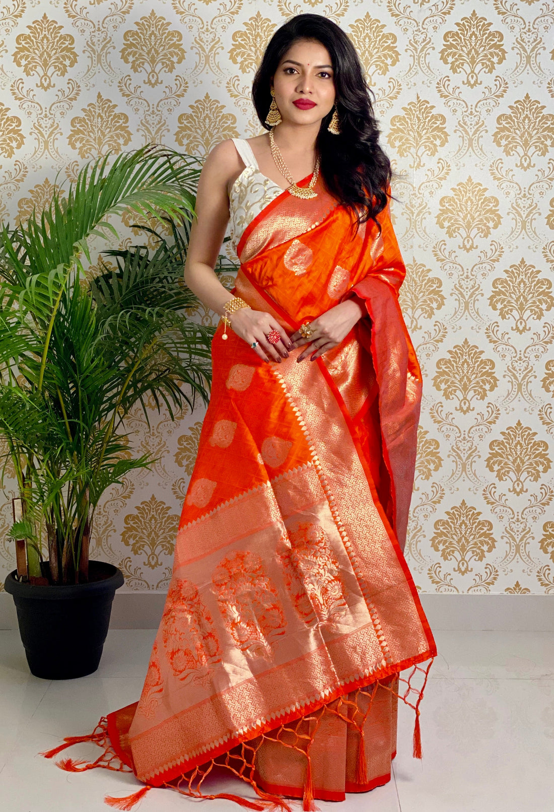 Orange Zari Golden Weaving Rich Saree