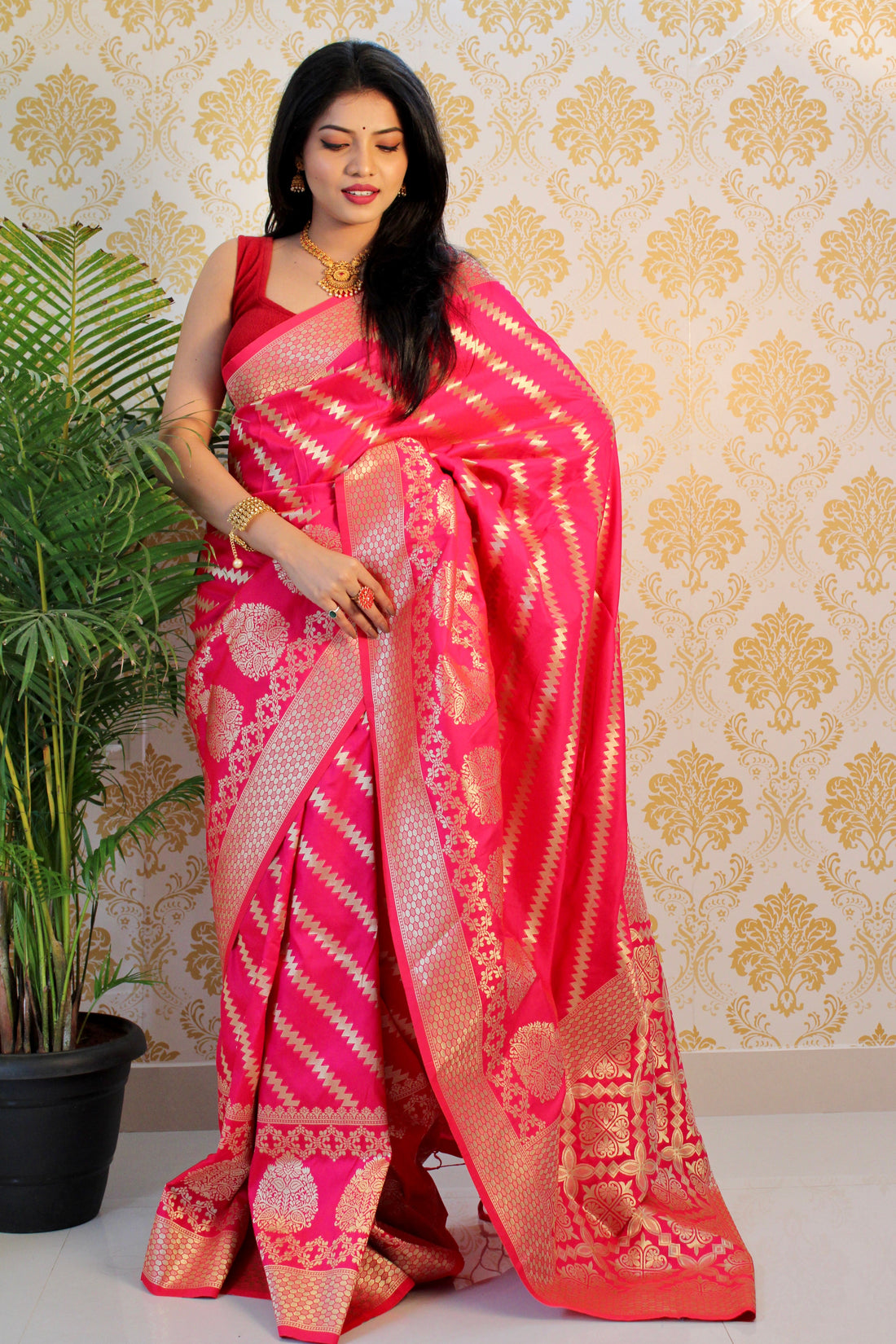 Pink color Zari Golden Weaving Rich Saree