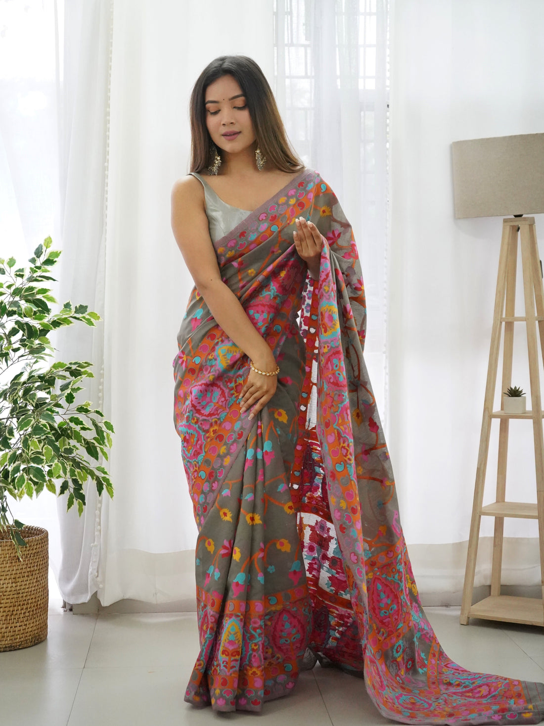Grey-Colored Floral Print Pashmina Cotton Saree