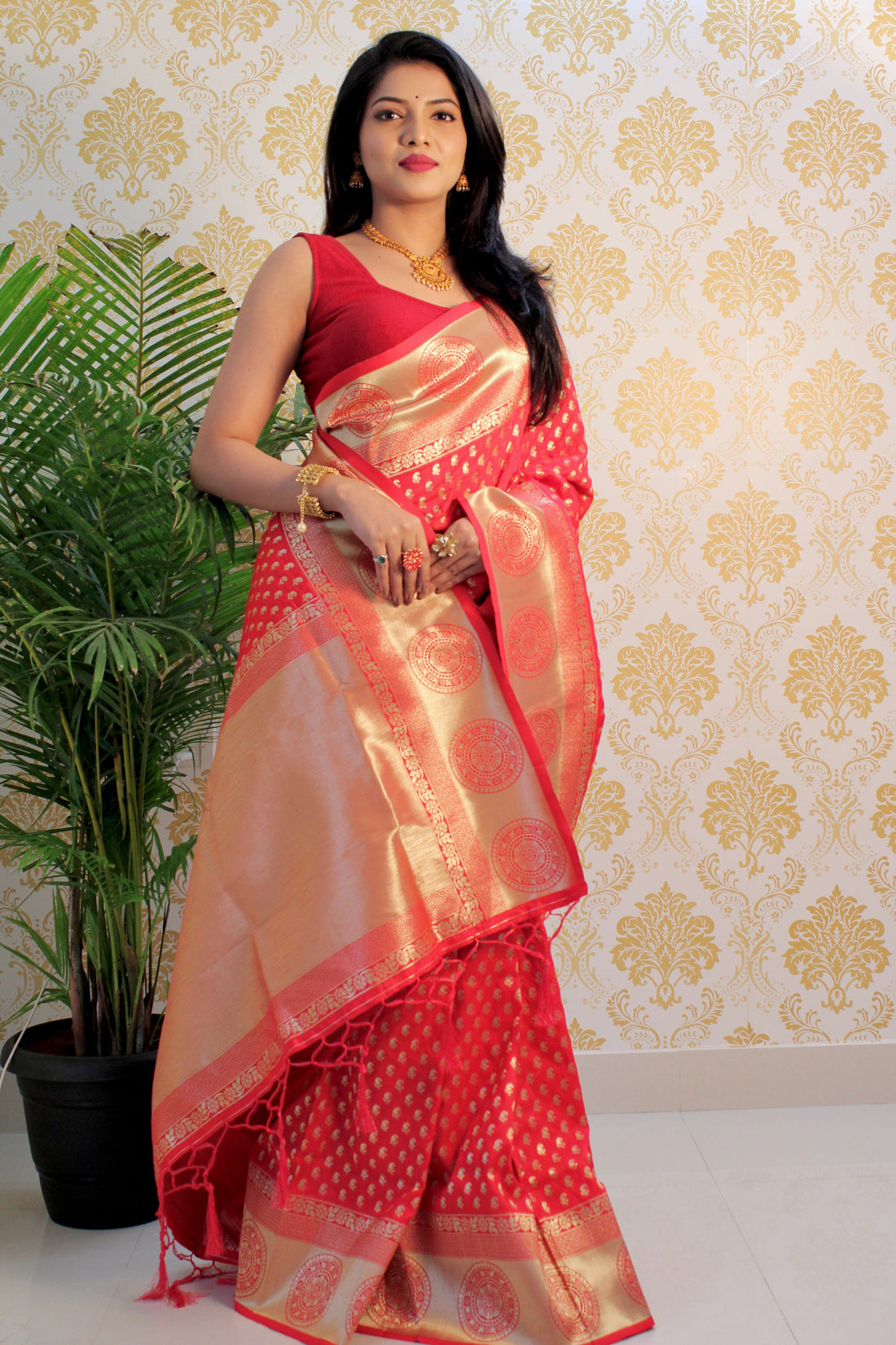 Coral Pink Color Zari Golden Weaving Rich Saree