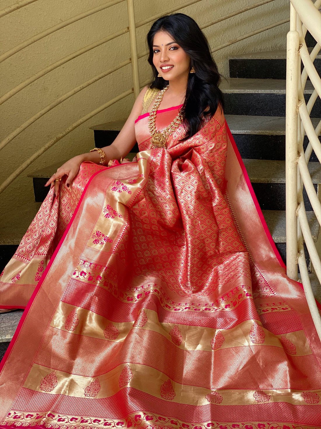 Pink and Gold  Color Zari Golden Weaving Rich Saree