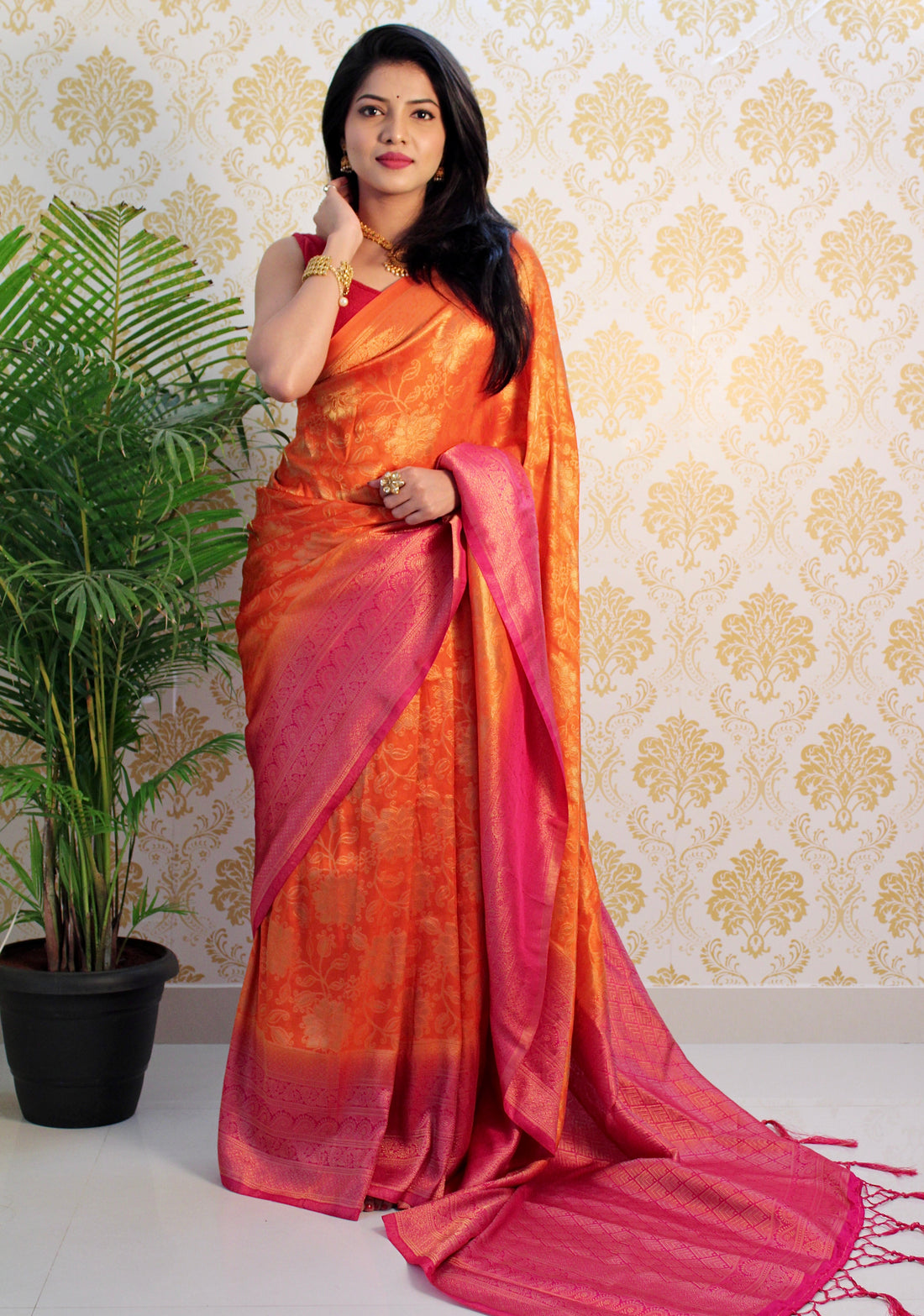Orange and Pink  color Zari Golden Weaving Rich Saree
