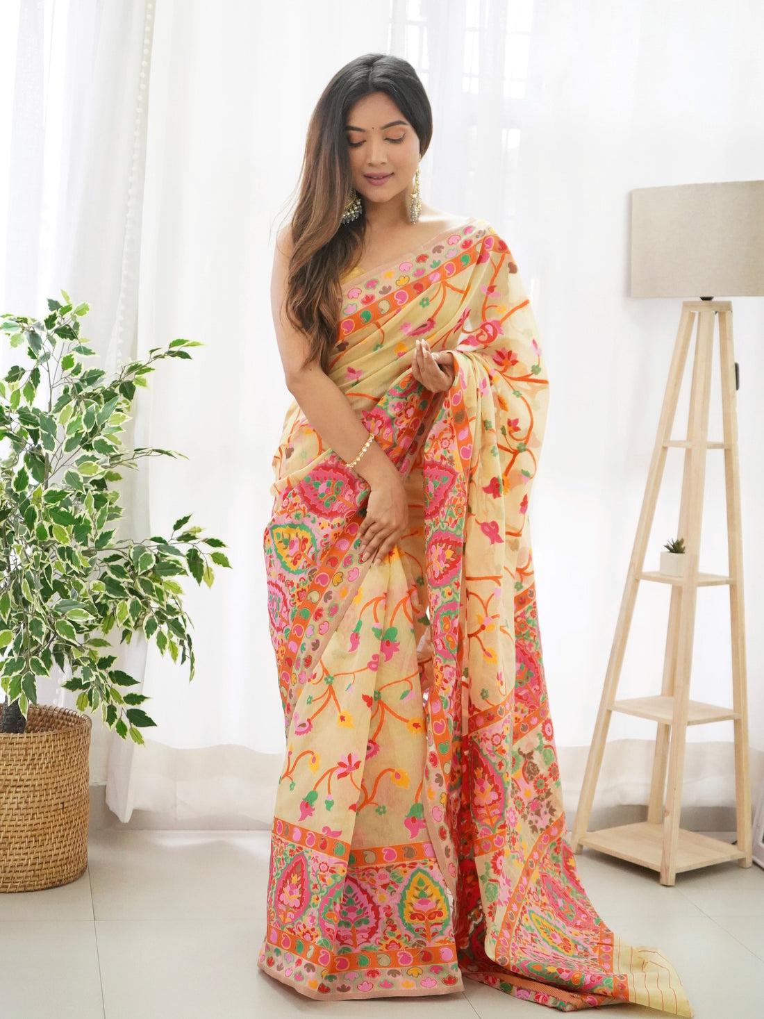 Yellow - Colored Floral Print Pashmina Cotton Saree