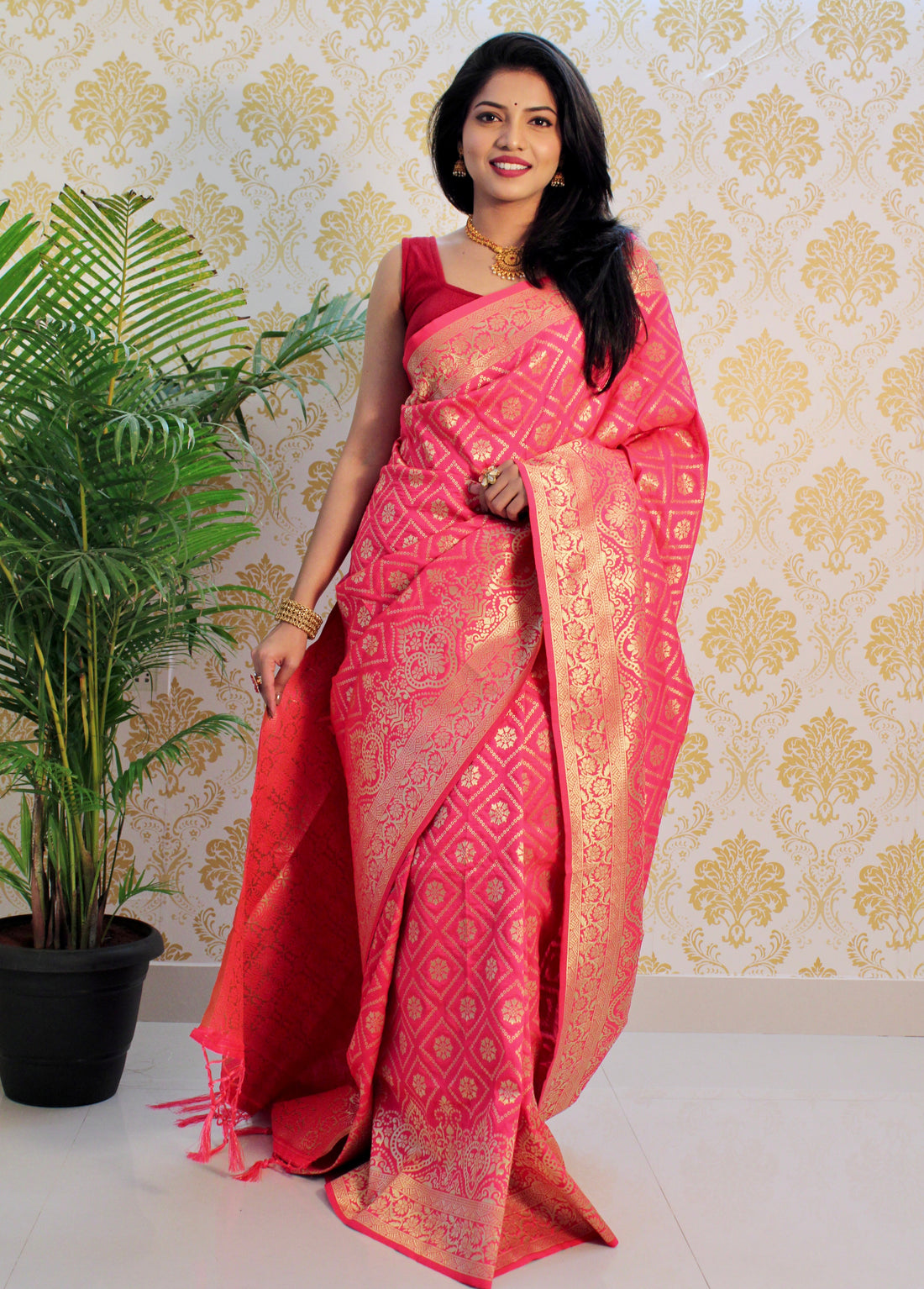 Pink Color Zari Golden Weaving Rich Saree