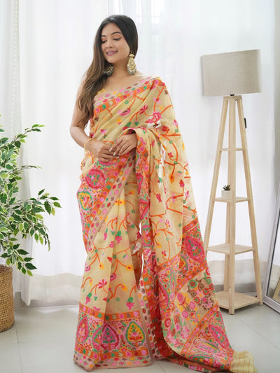 Yellow - Colored Floral Print Pashmina Cotton Saree