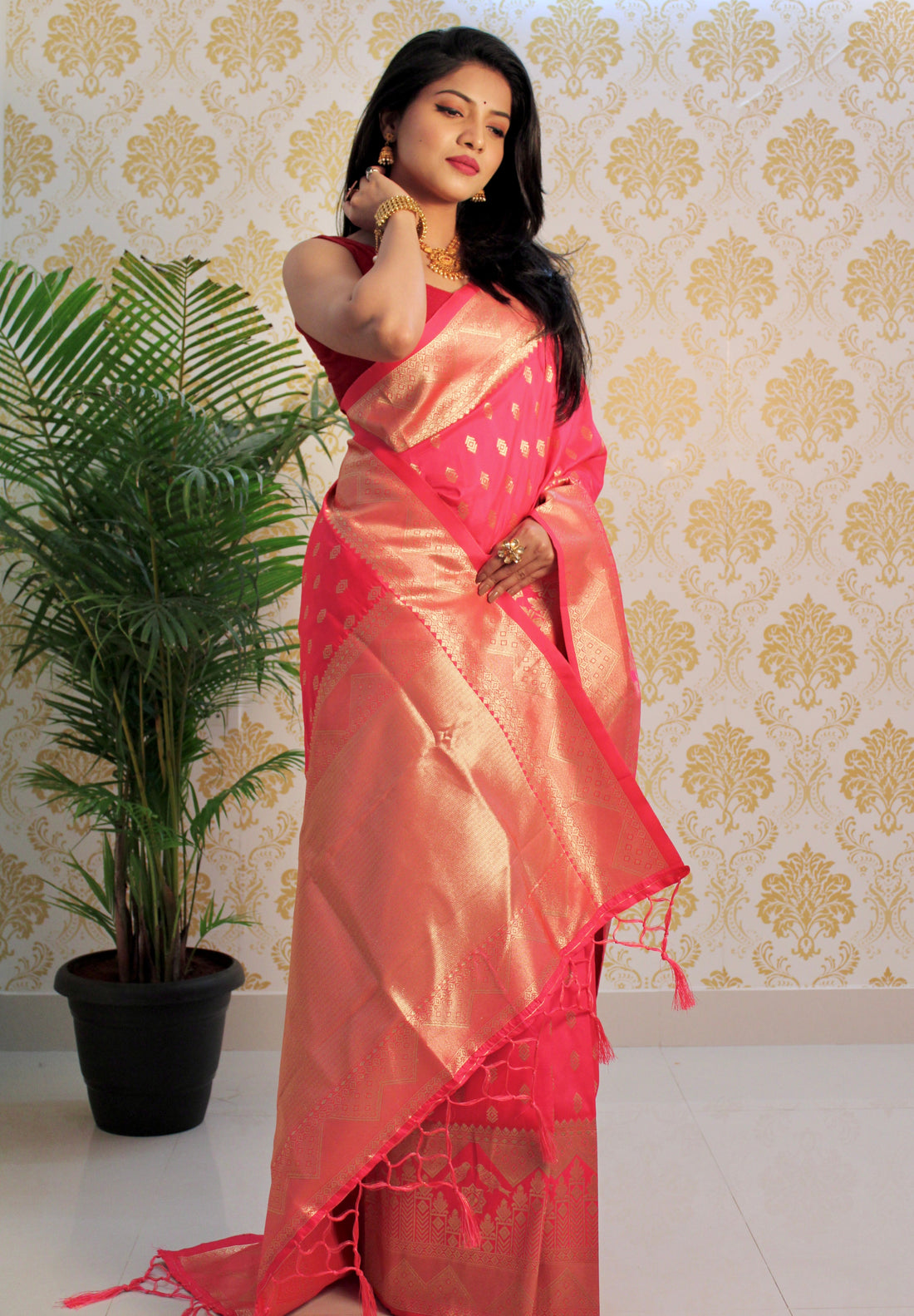 Pink Color Zari Golden Weaving Rich Saree