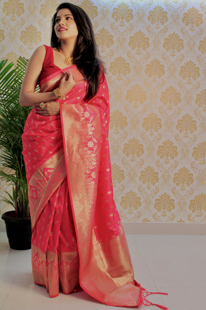 Pink Color Zari Golden Weaving Rich Saree