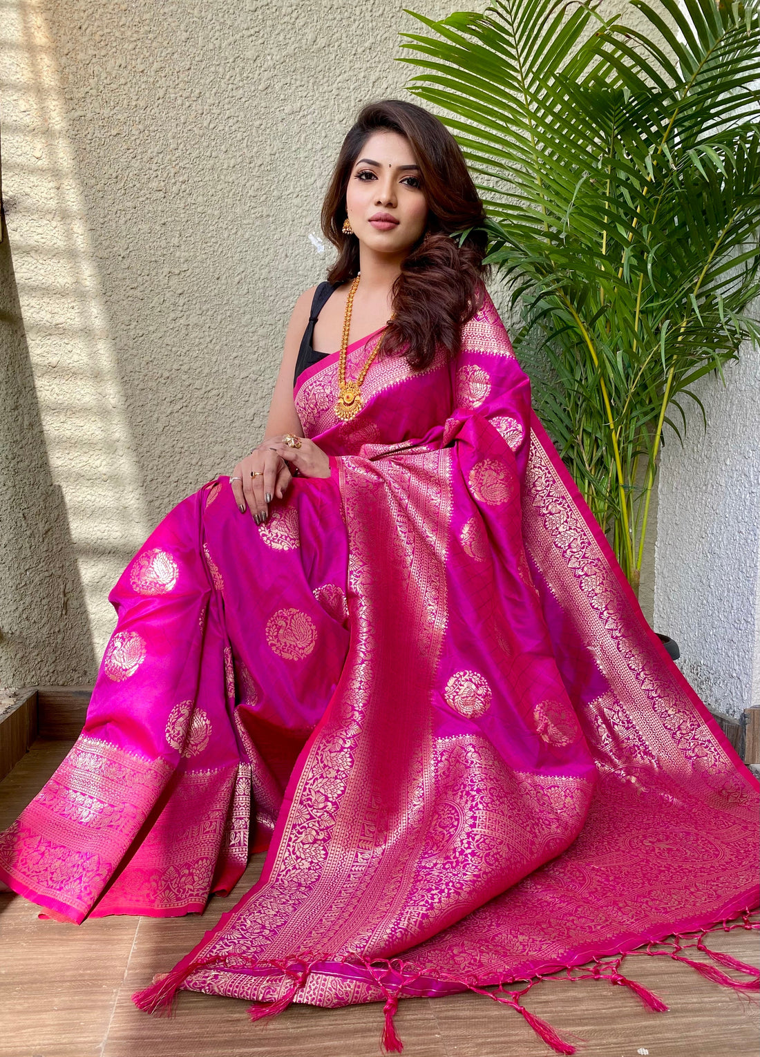 Pink  color Zari Golden Weaving Rich Saree