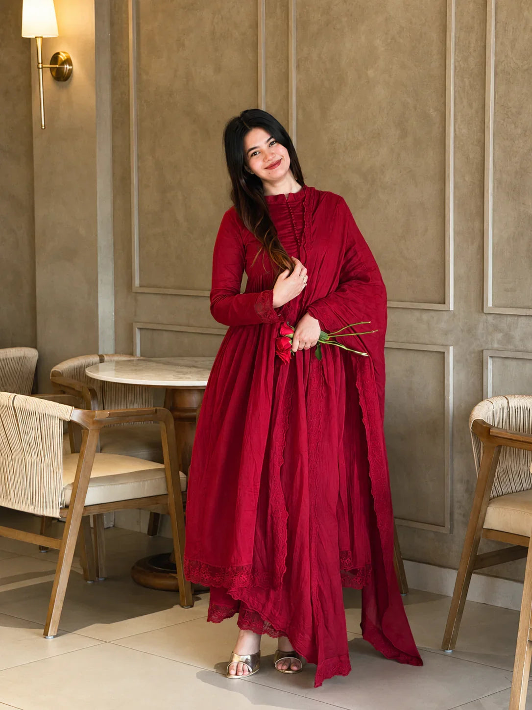 Crimson Red Pleated Anarkali Kurta Set with Embroidered Dupatta