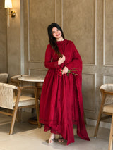 Wine Embroidered Roman Silk Anarkali Set with Dupatta