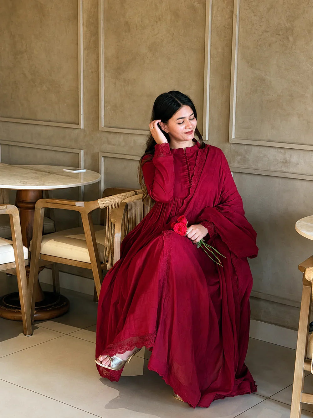 Wine Embroidered Roman Silk Anarkali Set with Dupatta