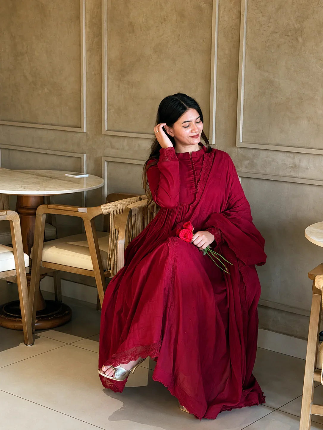 Crimson Red Pleated Anarkali Kurta Set with Embroidered Dupatta