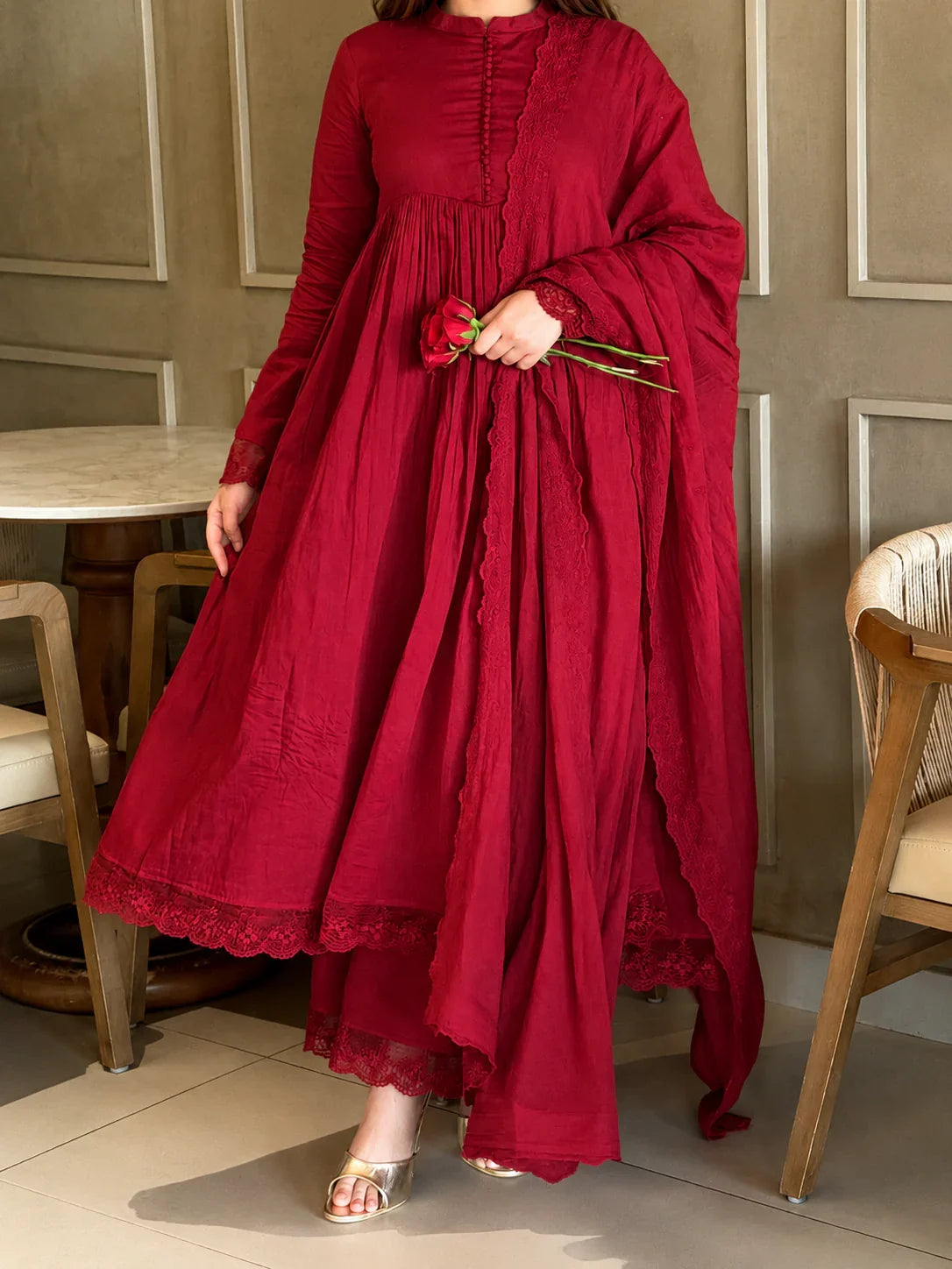 Crimson Red Pleated Anarkali Kurta Set with Embroidered Dupatta