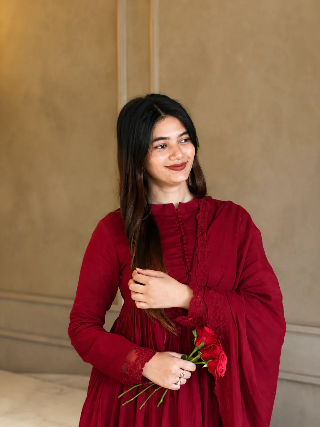 Crimson Red Pleated Anarkali Kurta Set with Embroidered Dupatta