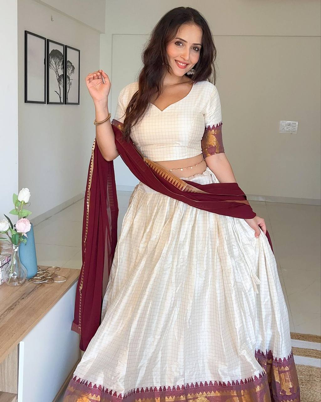 White And Maroon Color Silk Half Saree