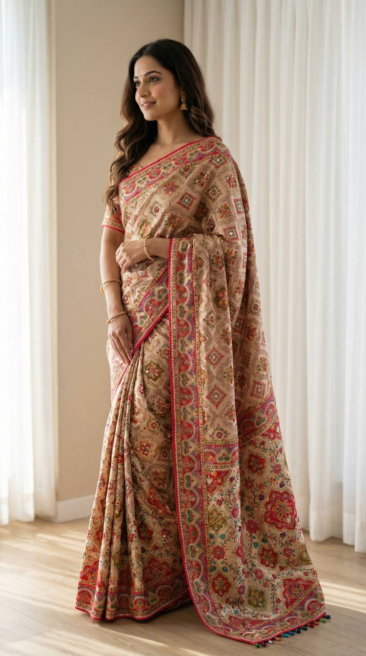 Beige Ethnic Saree with Vibrant Ajarakh Print & Real Mirrors