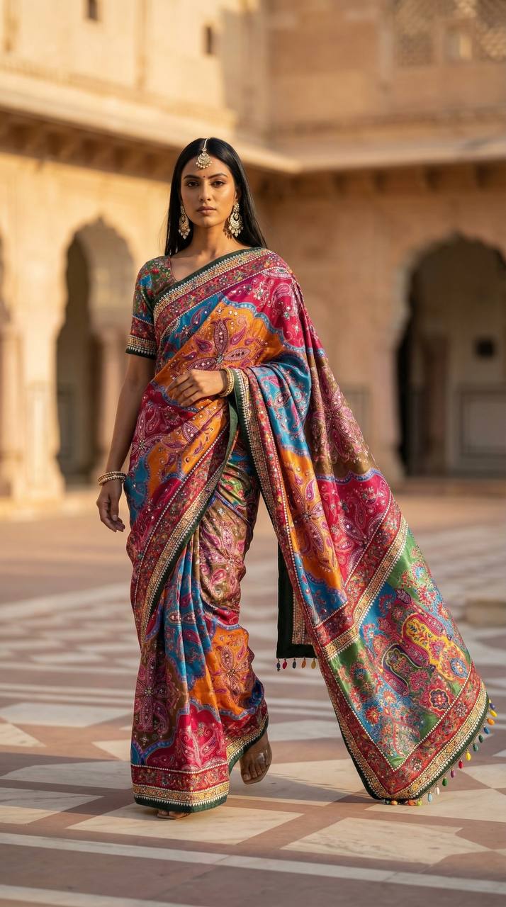 Vibrant Multicolor Soft Satin Printed Saree with Real Mirror Work & Fancy Moti Latkan Pallu