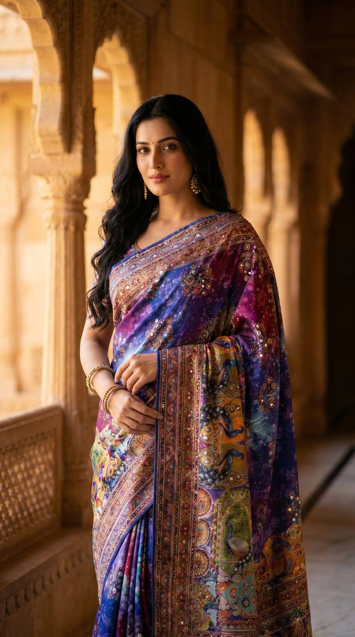 Royal Multicolor Soft Satin Printed Saree with Real Mirror Work & Fancy Moti Latkan Pallu