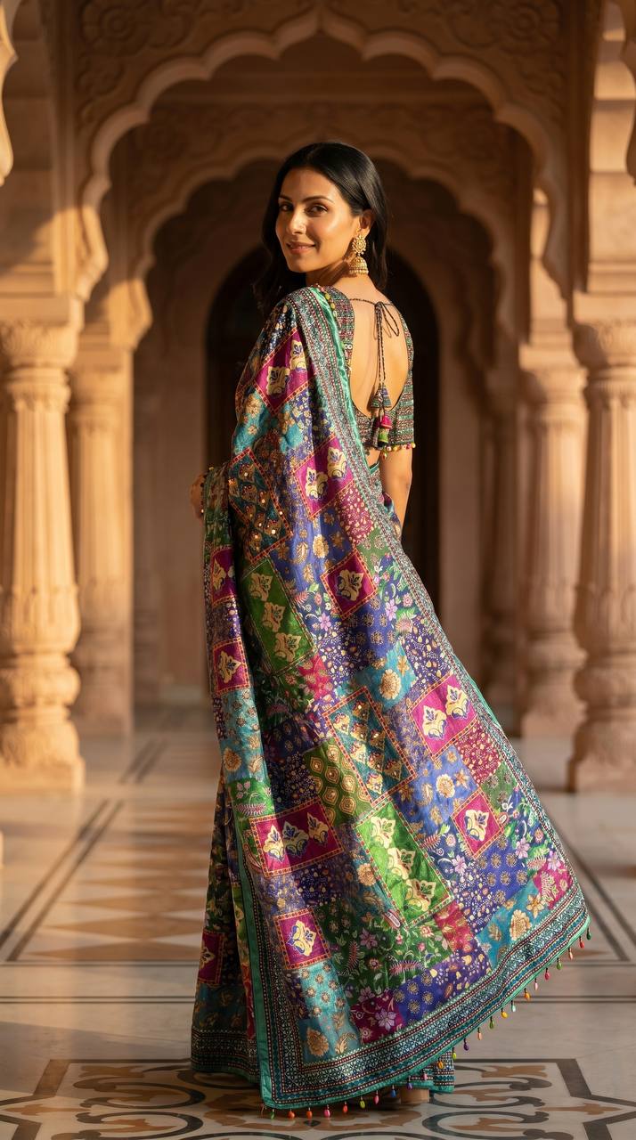 Soft Satin Ajrakh Print Saree with Real Mirror Work & Fancy Moti Latkan Pallu