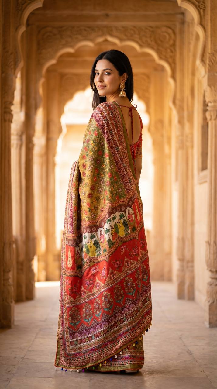 Women's Olive Green Soft Satin Floral Print Saree with Designer Ethnic Pallu & Multicolor Latkan Tassels