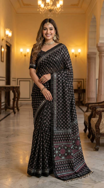 Black Ajrakh Print Satin Saree with Mirror Work
