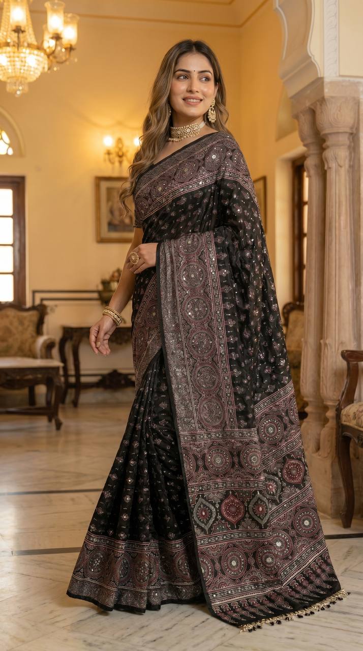 Black Ajrakh Print Satin Saree with Mirror Work