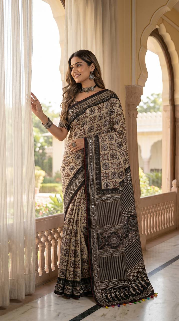 Beige Ajrakh Print Satin Saree with Mirror Work