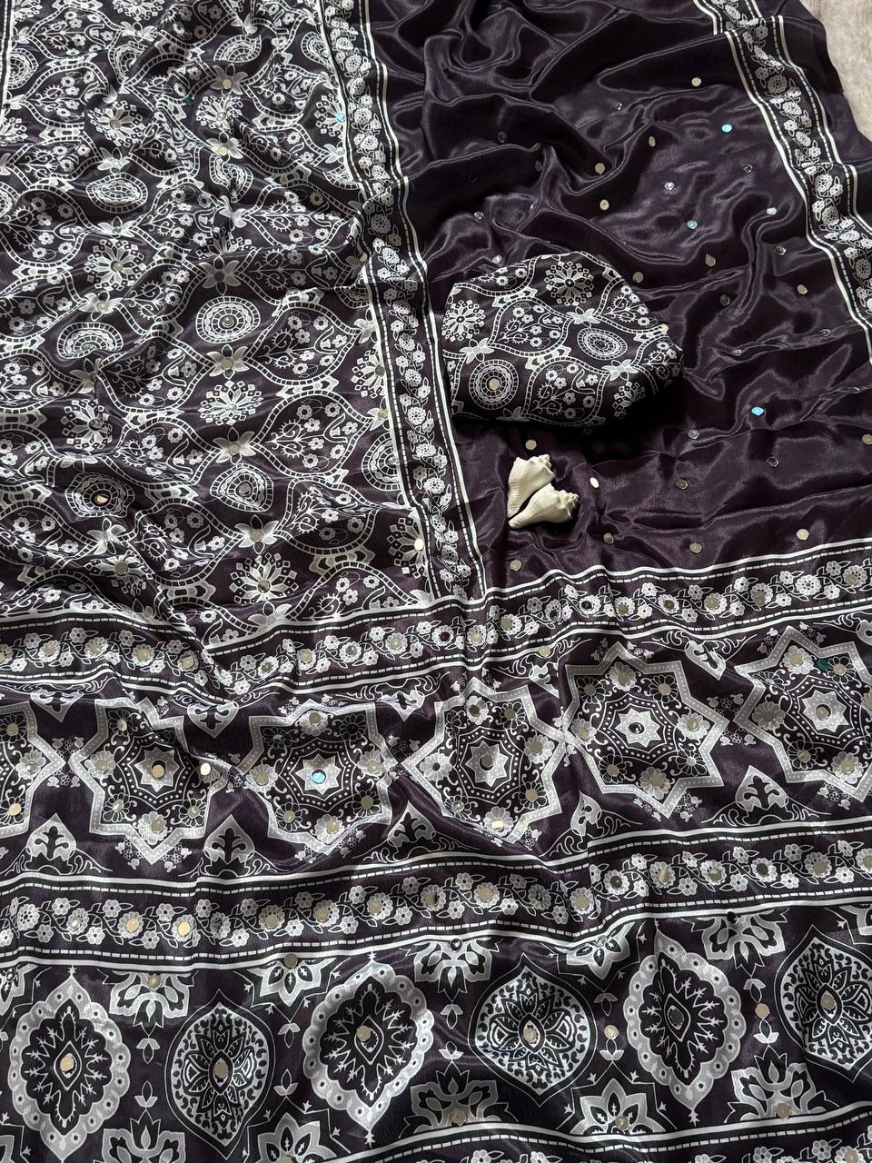 Classic Black Semi Model Silk Saree with Ajrakh Print & Real Mirror Work
