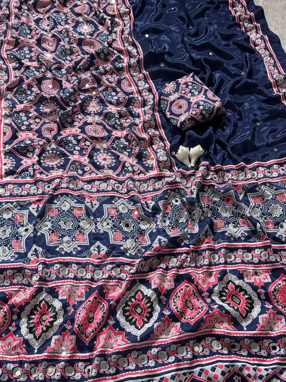 Elegant Navy Blue Semi Model Silk Saree with Ajrakh Print & Real Mirror Work