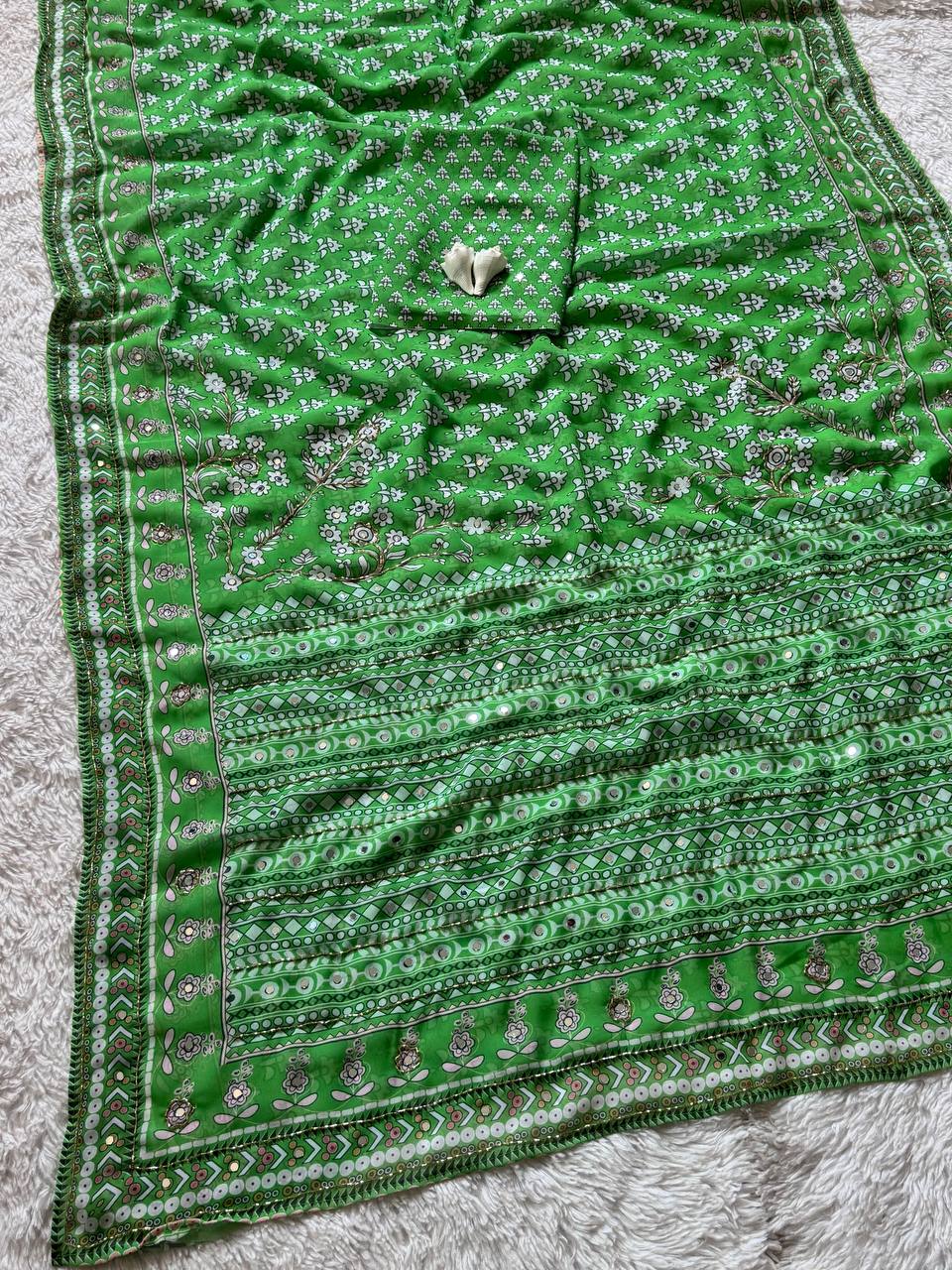 Designer Green  Saree with Mirror Work & Ajrakh Print