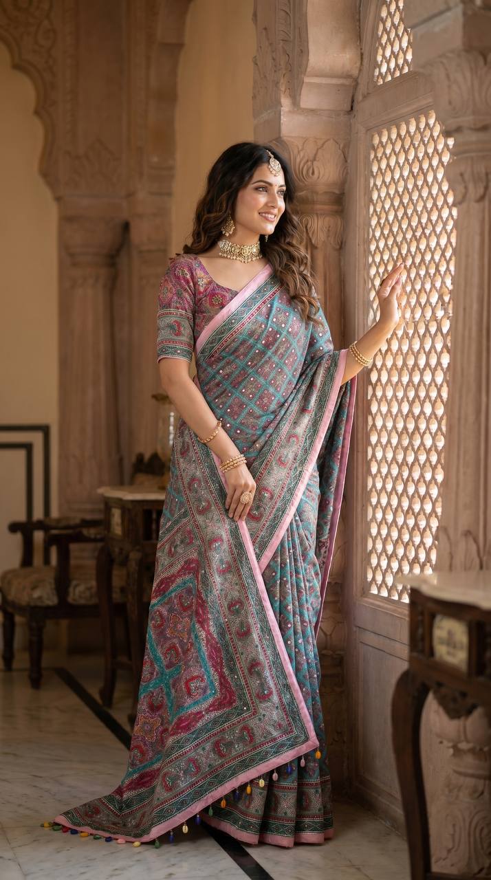 Elegant Roman Silk Ajarakh Print Saree with Real Mirror Work & Kodi Latkan