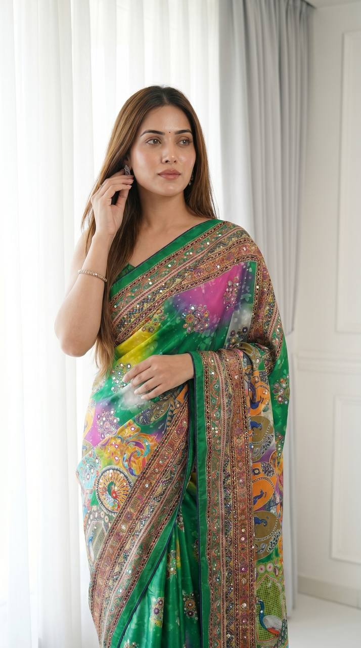 Emerald Green Artistic Digital Print Modal Silk Saree with Heritage Border, Multicolor Motifs & Decorative Tassels