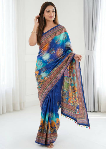 Royal Blue Artistic Digital Print Modal Silk Saree with Multicolor