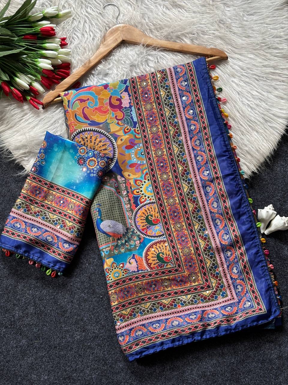 Royal Blue Artistic Digital Print Modal Silk Saree with Multicolor