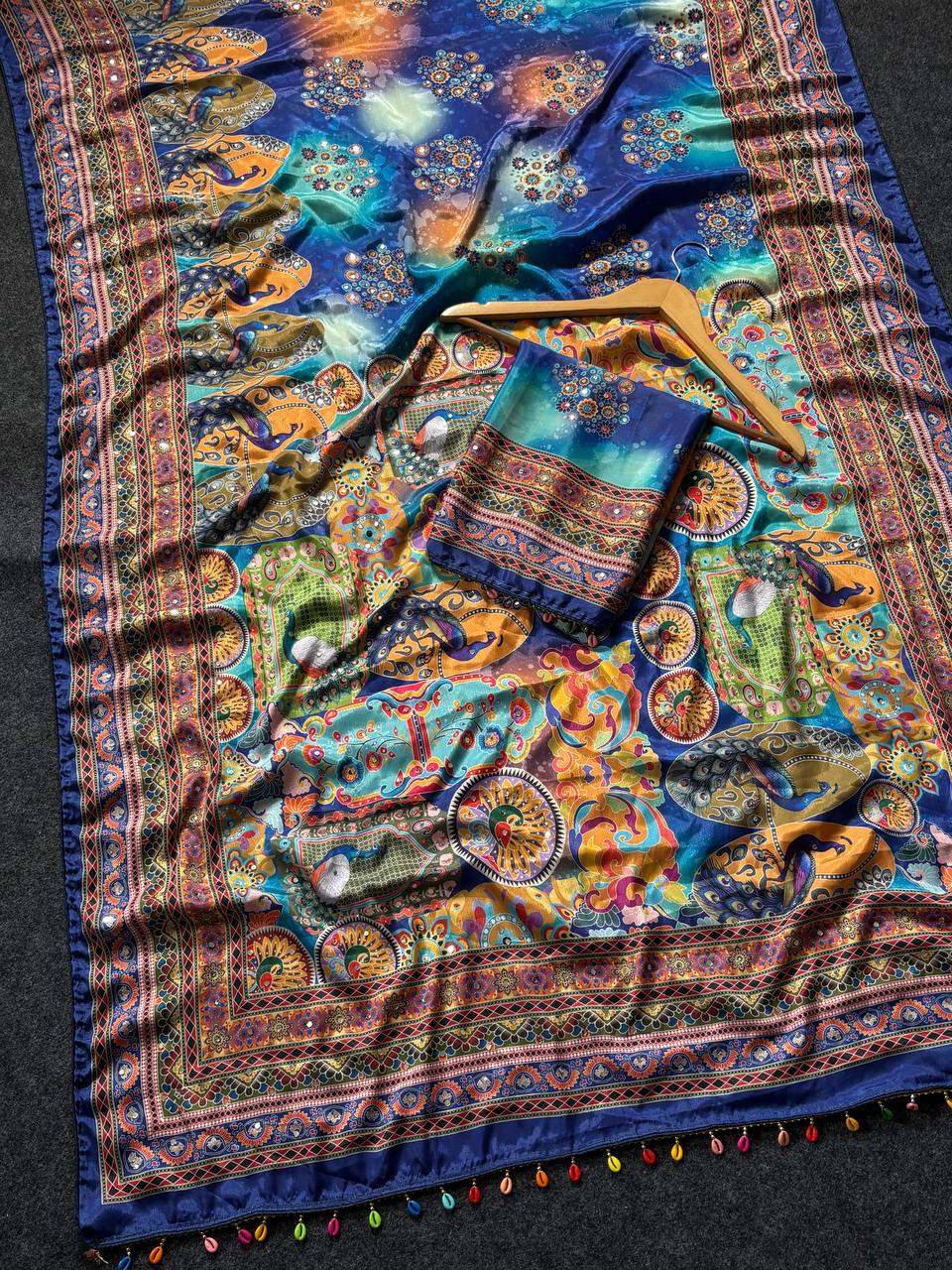 Royal Blue Artistic Digital Print Modal Silk Saree with Multicolor