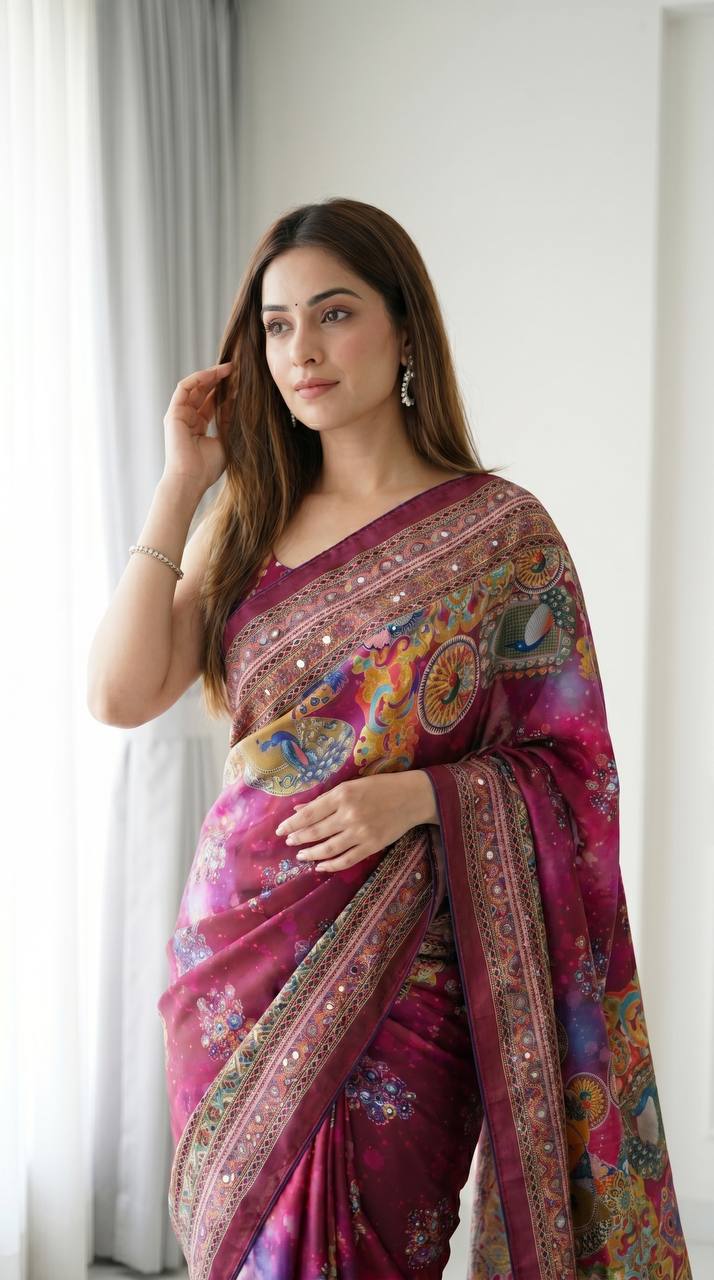 Magenta Purple Artistic Digital Print Modal Silk Saree with Heritage Border, Multicolor Designer Pallu & Tassel Detailing