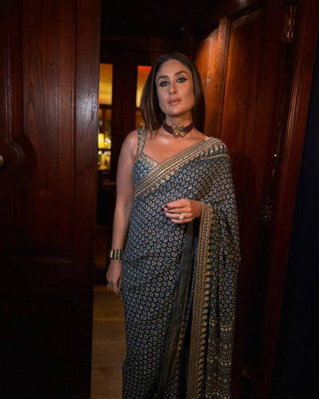 Designer  Saree with Mirror Work & Ajrakh Print