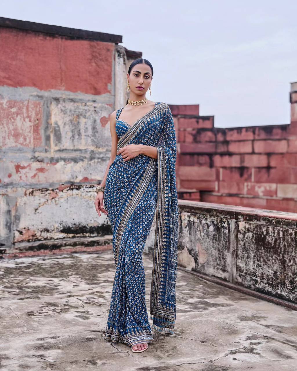 Designer  Saree with Mirror Work & Ajrakh Print