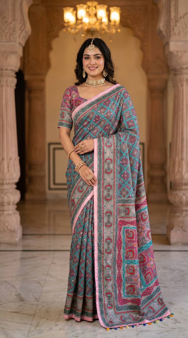 Roman Silk With Ajarakh Print Saree