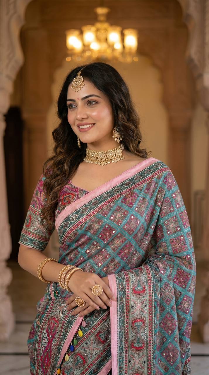 Roman Silk With Ajarakh Print Saree