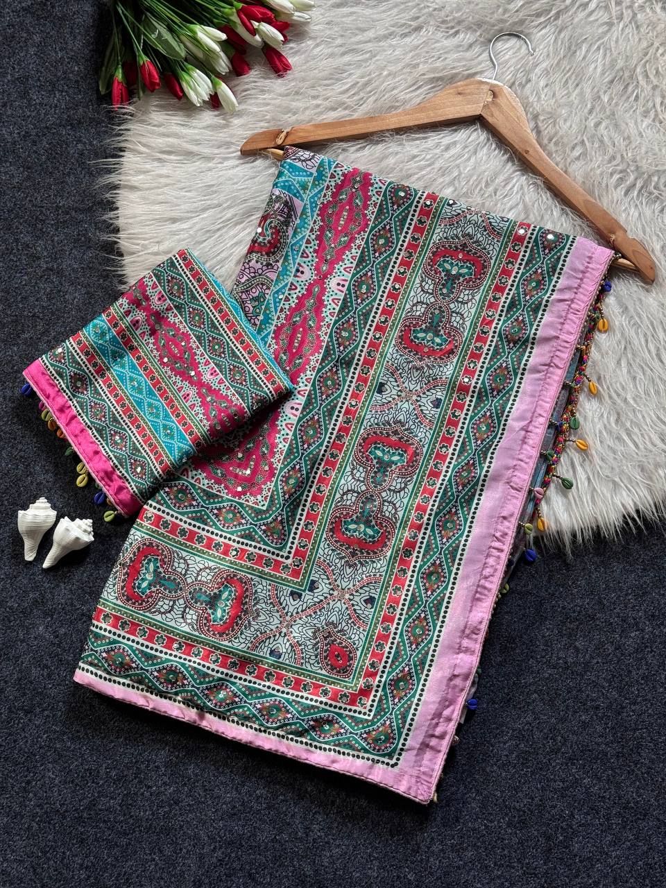 Roman Silk With Ajarakh Print Saree