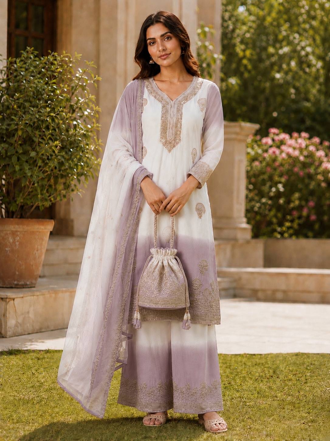 Purple Dual-Tone Georgette Palazzo Suit