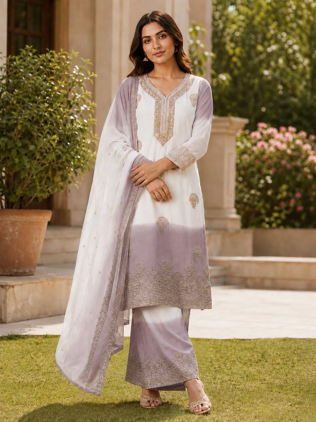 Purple Dual-Tone Georgette Palazzo Suit