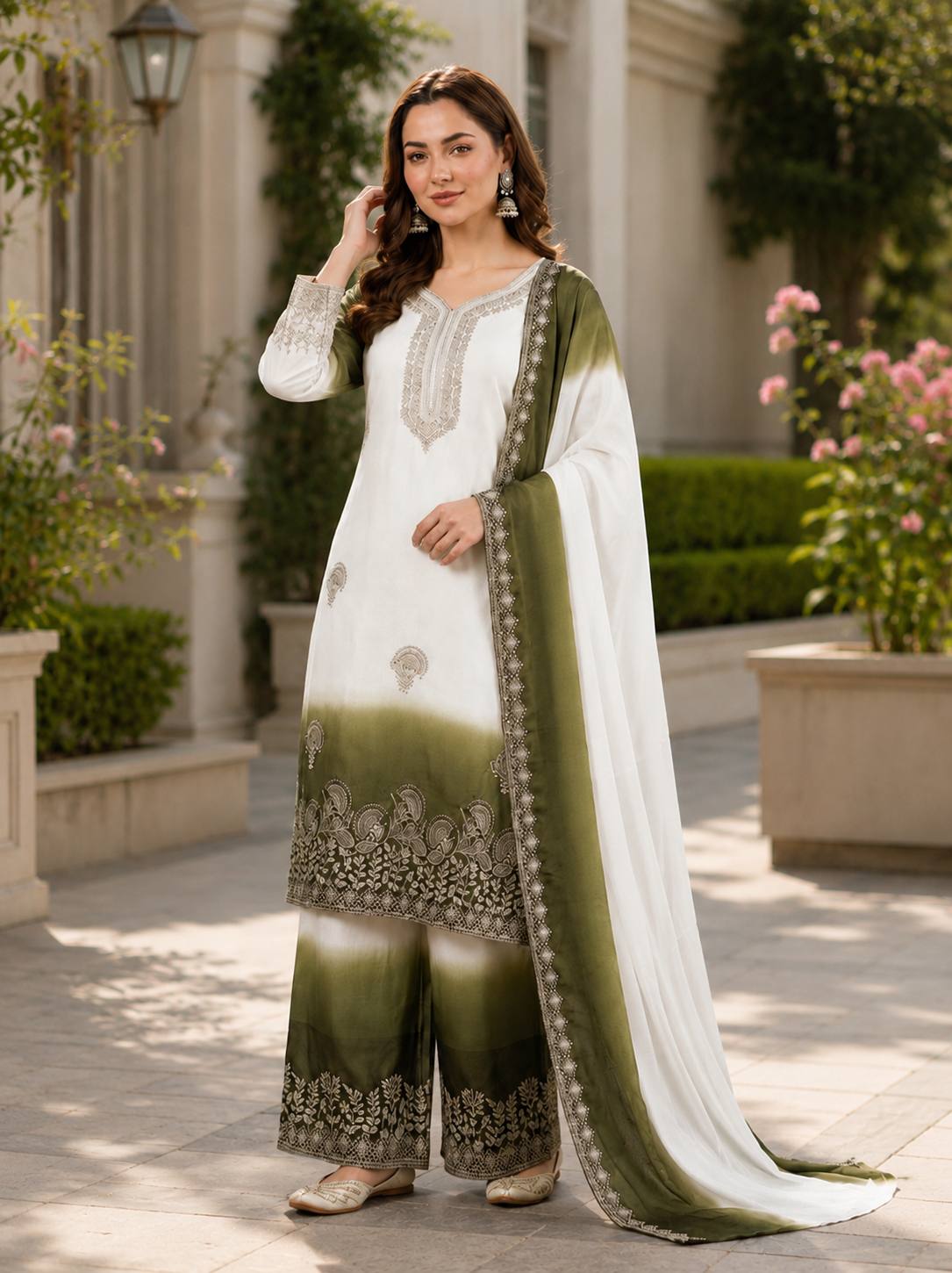 Green Dual-Tone Georgette Palazzo Suit