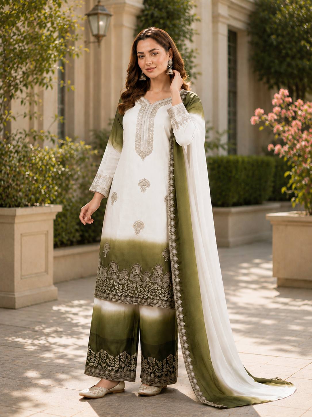 Green Dual-Tone Georgette Palazzo Suit