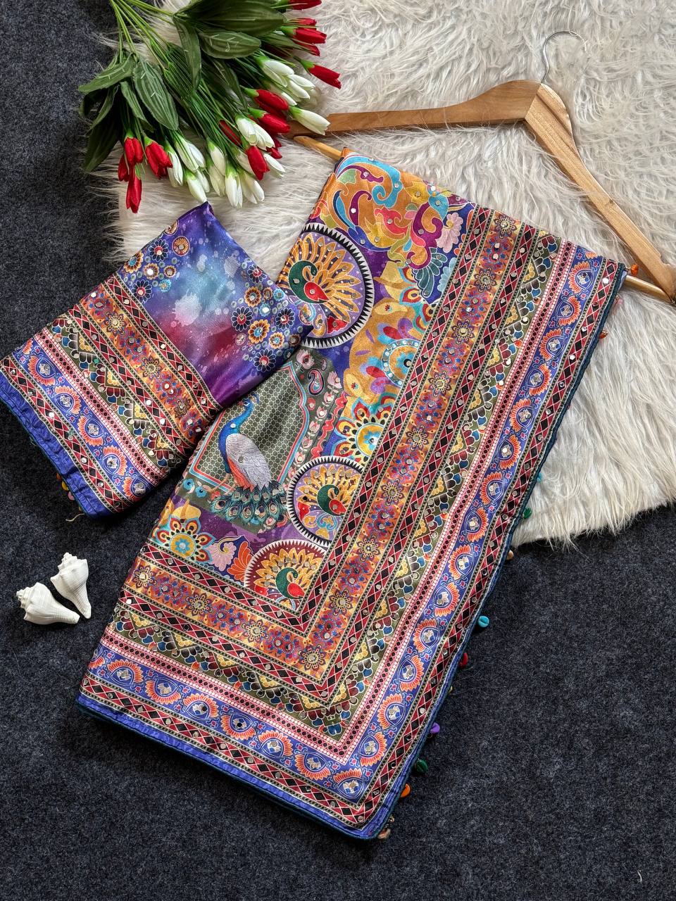 Royal Blue Roman Silk Saree with Artistic Print Detailing & Real Mirror Work Blouse