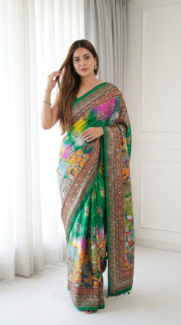 Green Roman Silk Saree with Intricate Print Detailing & Real Mirror Work Blouse