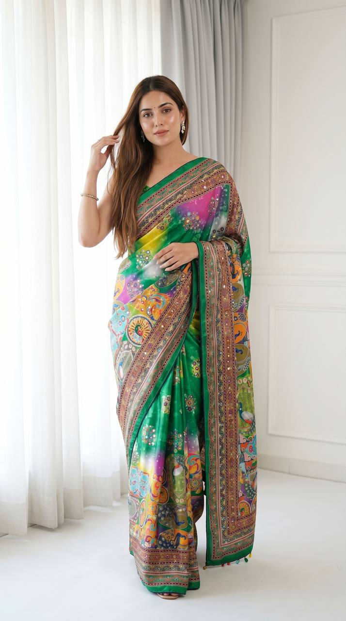 Green Roman Silk Saree with Intricate Print Detailing & Real Mirror Work Blouse