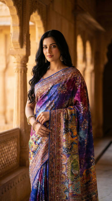 Royal Blue Roman Silk Saree with Artistic Print Detailing & Real Mirror Work Blouse